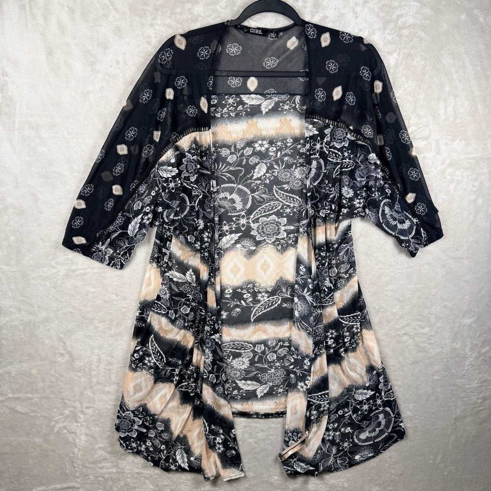 Cure Sheer Floral Kimono Cover Up Small Black Beige Boho Lightweight Layering
